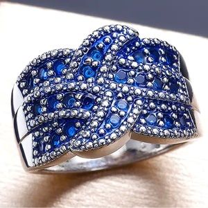 925‎ Silver Plated Micro Pave Blue Gemstone Zircon Twist Wide Ring For Women, 7